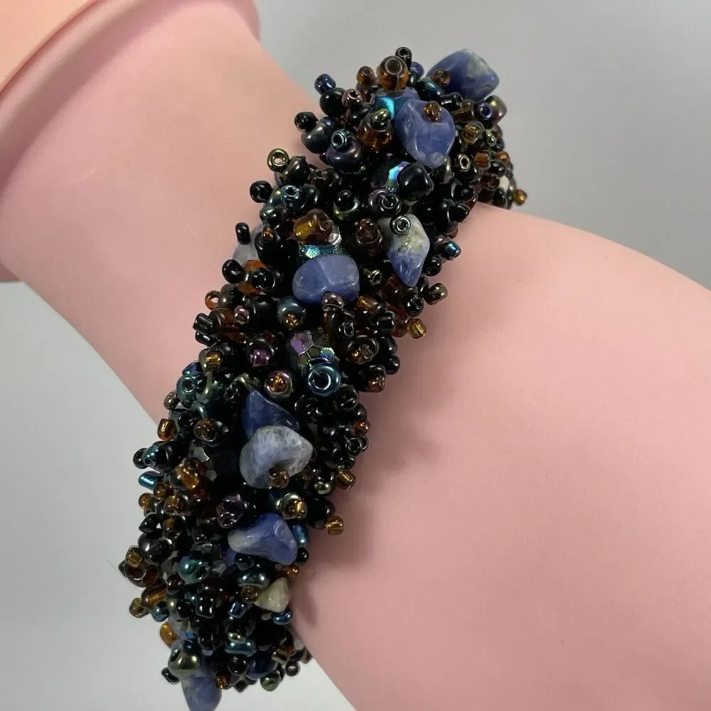 Statement Chunky Seed Bead Sodalite Stone Chips Stretch Boho Bracelet 6.5”